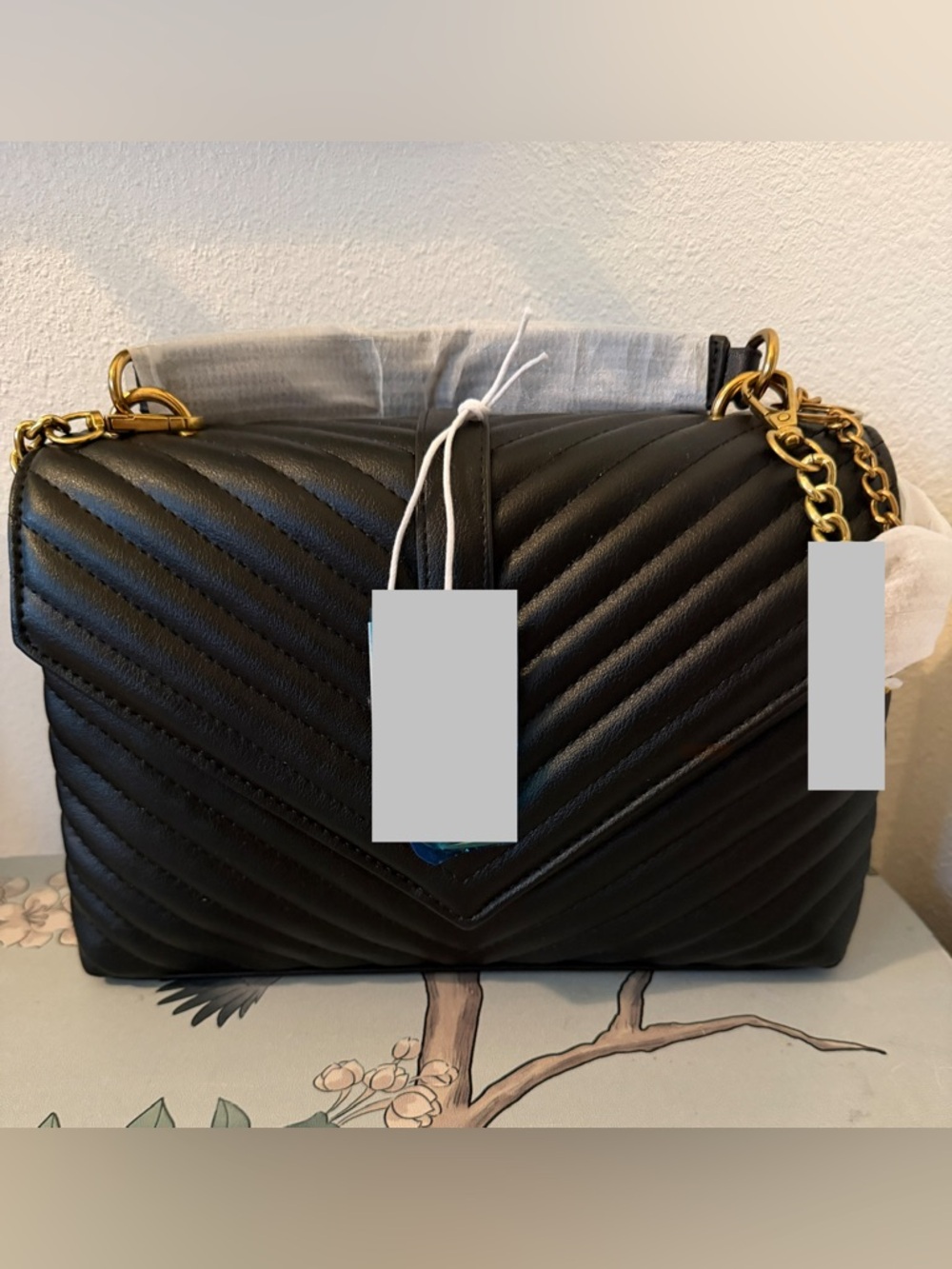 Brand New Quilted Black Leather Shoulder Bag with Gold Chain